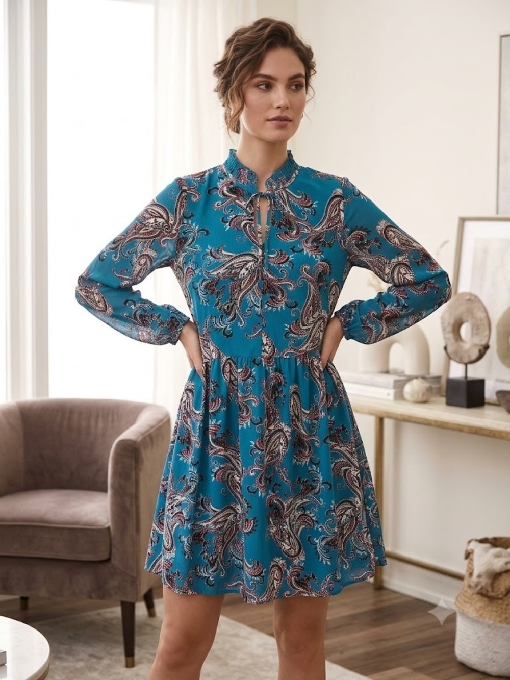 White House Black Market Teal Paisley Long-Sleeve Fit & Flare Dress